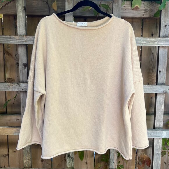 Bohème Goods Rolled Hem Knit Sweater Cream Neutral Size L Minimalist Cozy - Picture 2 of 5